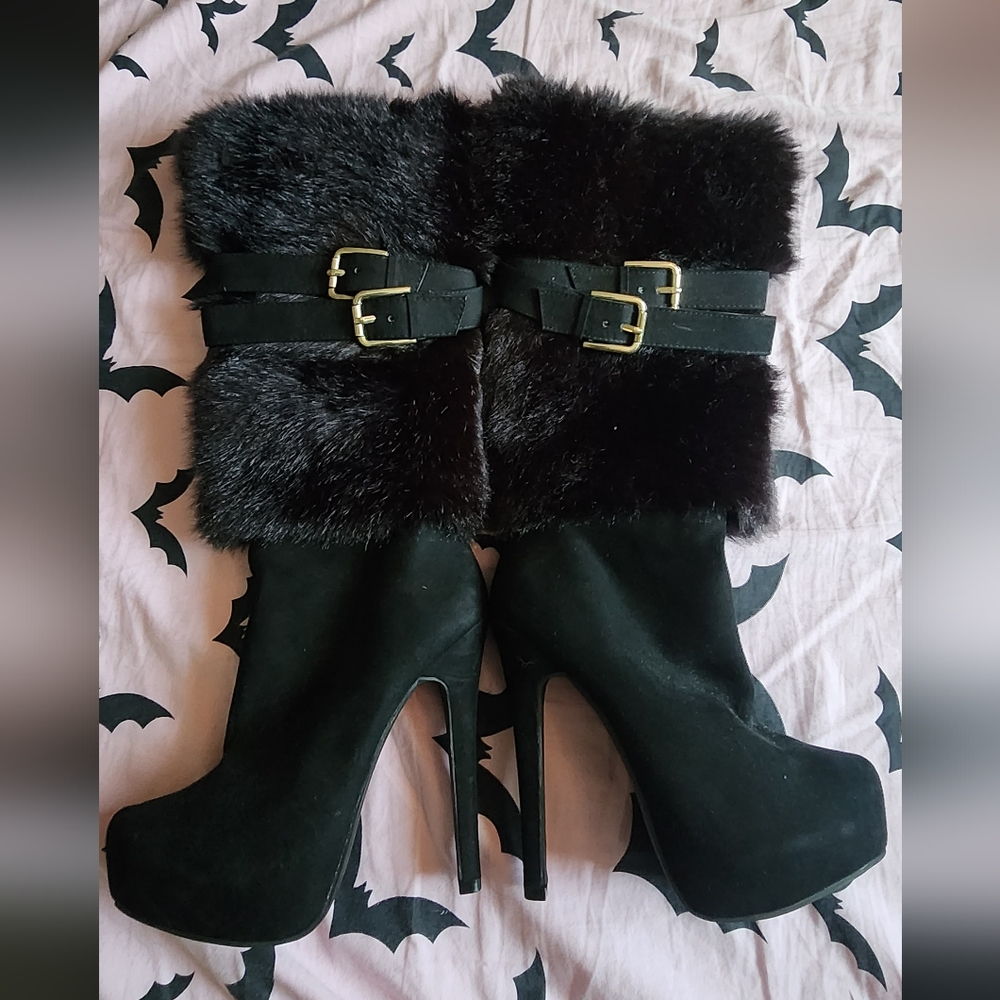 Black fur stilleto boots